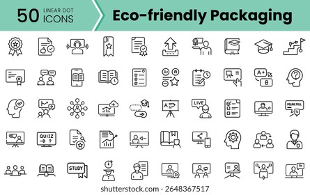A diverse collection of 50 linear icons representing eco-friendly packaging concepts, showcasing sustainability, education, and engagement themes in a minimalist style.