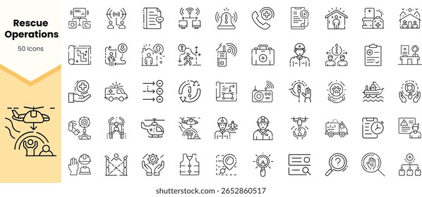 A diverse collection of 50 linear icons representing rescue operations, featuring emergency services, communication, and equipment, conveying urgency and professionalism.