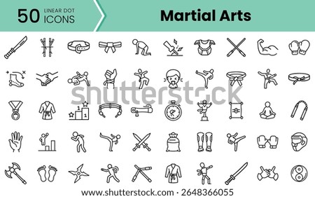 A diverse collection of 50 linear icons representing various martial arts forms, techniques, and equipment, showcasing the dynamic nature of martial arts.