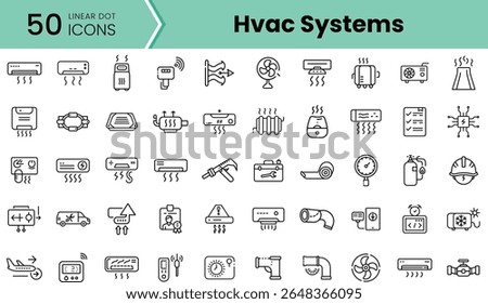 A diverse collection of 50 linear icons representing HVAC systems, featuring equipment like air conditioners, heaters, fans, and environmental controls.