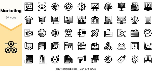 Uma coleção diversificada de 50 ícones de marketing com gráficos e símbolos que representam o marketing digital, estratégias de crescimento e conceitos de análise de dados.