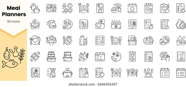 A diverse collection of 50 meal planner icons, featuring kitchen tools, food items, and organizational elements, ideal for recipe apps or meal planning.