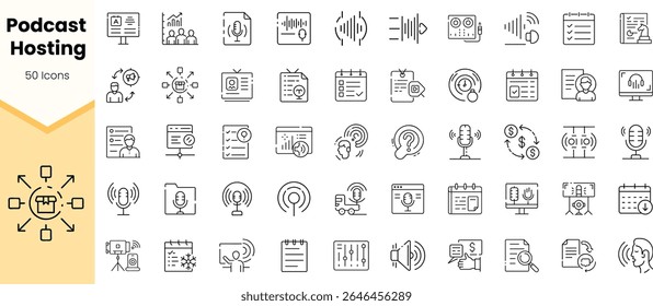 Uma coleção diversificada de 50 ícones minimalistas representando vários aspectos da hospedagem de podcasts, incluindo microfones, fones de ouvido e ondas de áudio, em um layout limpo.
