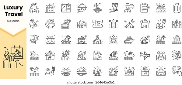 A diverse collection of 50 minimalist icons representing luxury travel, featuring elements like gourmet dining, sailing, and scenic destinations.