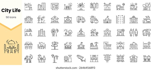 A diverse collection of 50 minimalist icons representing various aspects of city life, including transportation, recreation, and urban landmarks in a modern style.