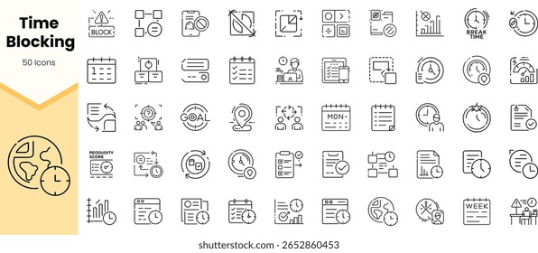 Uma coleção diversificada de 50 ícones minimalistas de bloqueio de tempo, ilustrando os conceitos de produtividade, planejamento e gerenciamento em uma arte simples em linha preta.