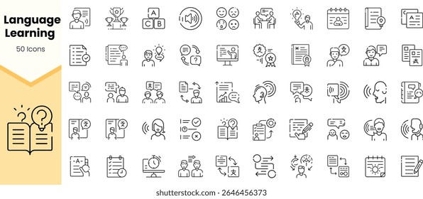 A diverse collection of 50 monochrome icons representing various aspects of language learning, including study, conversation, and assessment activities.