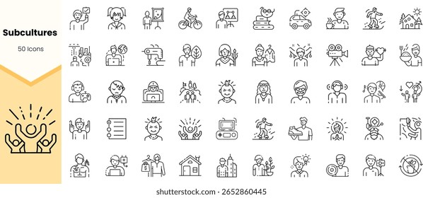 Uma coleção diversificada de 50 ícones de esboço representando várias subculturas, atividades de demonstração, hobbies e comunidades em um estilo minimalista.