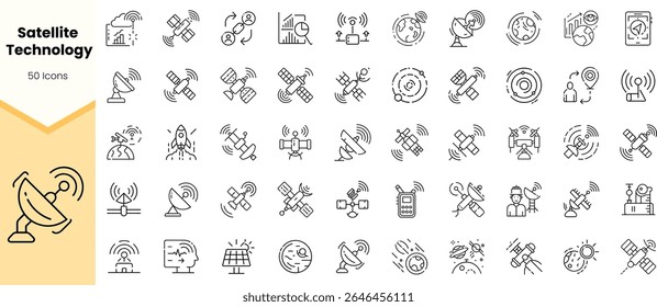 A diverse collection of 50 satellite technology icons, showcasing various aspects of communication, data transmission, and space exploration in a clean, minimalist style.