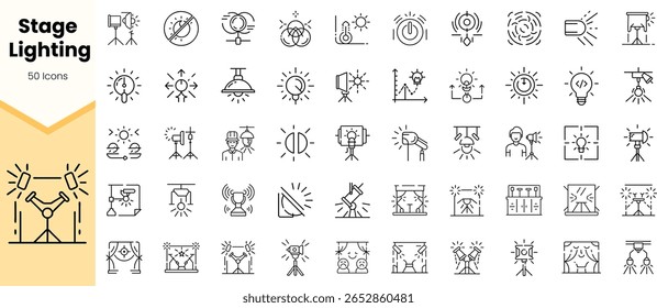 Una colección diversa de 50 íconos de iluminación de escenario, con varios equipos de iluminación, efectos y símbolos, dispuestos en un diseño limpio y monocromo para una fácil Identificación.