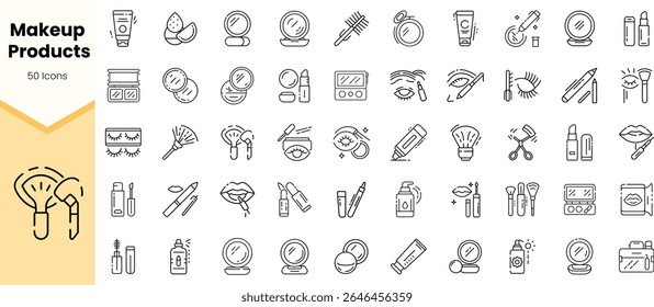 A diverse collection of 50 stylish icons representing various makeup products, including lipsticks, brushes, and mirrors, all designed in a modern outline style.