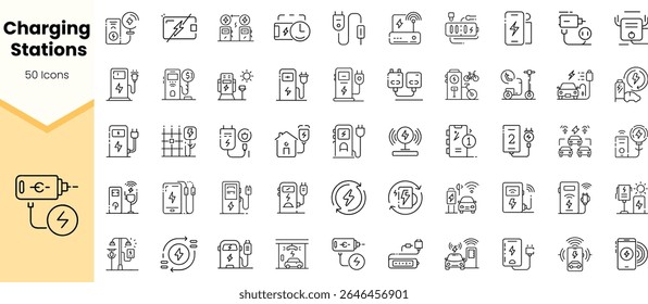 A diverse collection of 50 unique icons representing charging stations for various devices, featuring sleek line designs and modern aesthetics.