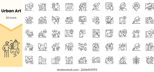 A diverse collection of 50 urban art icons, showcasing various artistic expressions and cityscape elements in a minimalist line design.