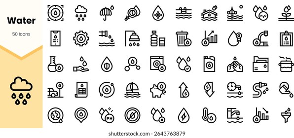 A diverse collection of 50 water-related icons in a minimalist design, representing various concepts like conservation, rain, and purification with a light color scheme.
