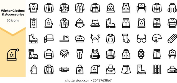A diverse collection of 50 winter clothing and accessories icons, featuring hats, gloves, sweaters, and more, designed in a clean, minimalist style.