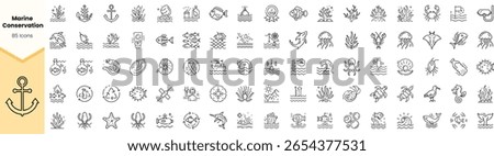 A diverse collection of 85 marine conservation icons, showcasing various sea life, plants, and environmental themes in a minimalistic line art style.