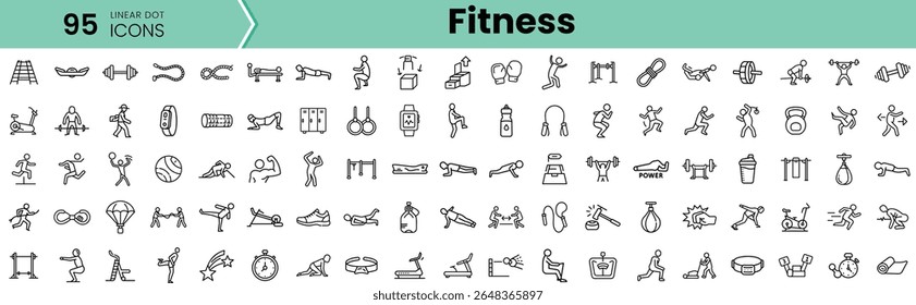 Uma coleção diversificada de 95 ícones de fitness que retratam vários exercícios e atividades, mostrando figuras masculinas e femininas envolvidas em rotinas de saúde e bem-estar.
