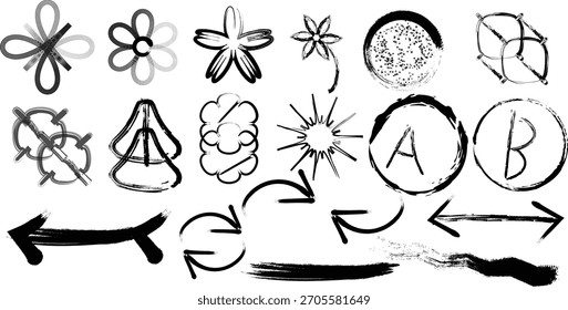 Diversa colección de Elementos de Vector abstractos dibujados a mano que incluyen flechas, flores y pinceladas grunge.