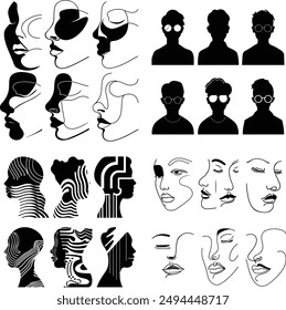 A diverse collection of abstract and minimalist illustrations of human faces and profiles. This set features line art, silhouette portraits, and artistic interpretations of facial features