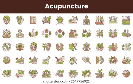 A diverse collection of acupuncture and wellness icons featuring various health practices, plants, and holistic symbols in soothing earthy tones.
