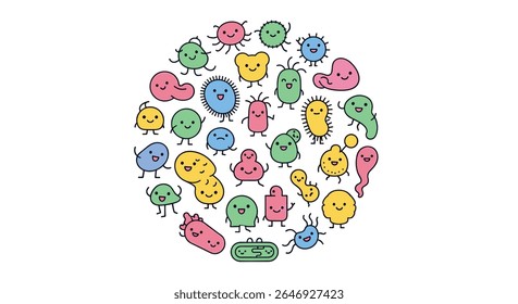 Uma coleção diversificada de micro-organismos de desenhos animados adoráveis em um arranjo circular