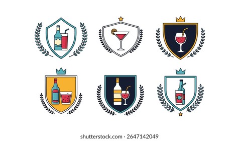 Diverse Collection of Alcohol Drinks Depicted on Decorative Badges with Heraldic Emblems