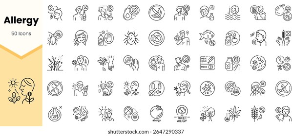 A diverse collection of allergy-related icons, featuring symbols for food, pollen, and health awareness, designed to convey allergy prevention and management.