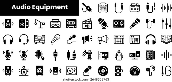 A diverse collection of audio equipment icons, featuring microphones, headphones, speakers, and sound mixers, illustrating the essence of sound technology.