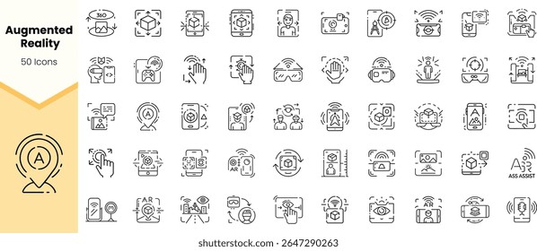 A diverse collection of augmented reality icons showcasing various interactive features, including gaming, user interfaces, and virtual assistance. Modern and sleek design.