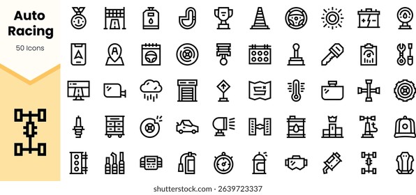 A diverse collection of auto racing icons including trophies, cars, tools, and weather symbols, all designed in a minimalist line art style.