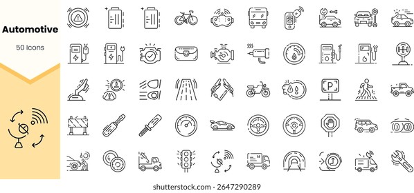 A diverse collection of automotive icons featuring various vehicles, tools, and essential elements, perfect for automotive-related designs and projects.