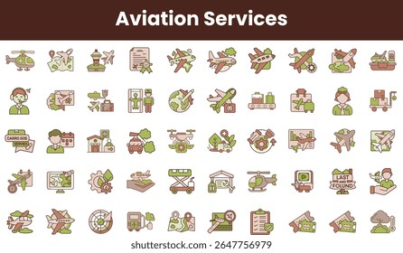 Uma coleção diversificada de ícones do serviço de aviação com aeronaves, drones, logística e serviços de suporte em uma paleta de cores suaves.
