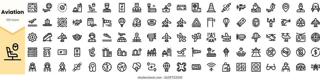 A diverse collection of aviation-themed icons featuring various aircraft, airport elements, and safety symbols, perfect for travel and transportation-related designs.