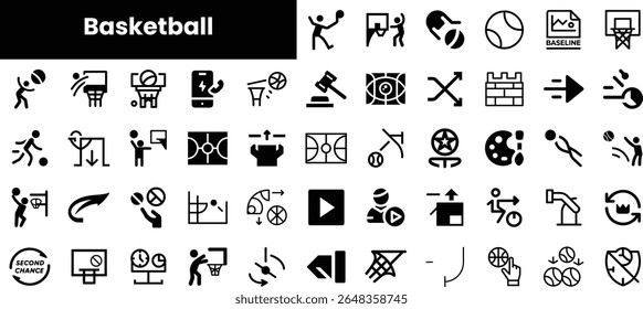 A diverse collection of basketball-themed icons showcasing various actions, players, and equipment, perfect for sports-related designs.