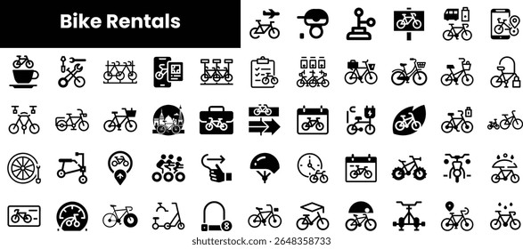 A diverse collection of bike rental icons featuring bicycles, helmets, and rental schemes, perfect for showcasing cycling services in a modern and minimalist style.