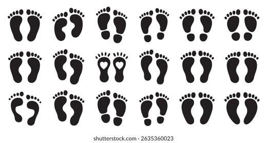 Diverse collection of black footprint silhouettes illustrating different walking and stance styles