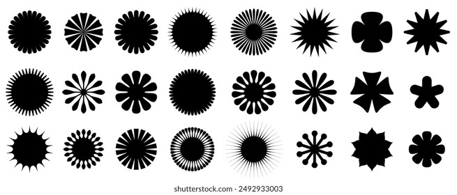 A diverse collection of black geometric shapes against a white background, ideal for graphic design elements or patterns.