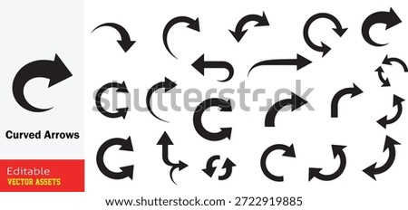Diverse Collection of Black Graphic Vector Arrows Showcasing Curved, Cyclical, and U-Turn Directional Movements Icon Set

This professional collection features a comprehensive assortment of black curved arrows and directional indicators, meticulously designed to represent various forms of movement and flow. Isolated on a clean background, the set includes full circular arrows for cyclical processes, semicircular arcs for rotation, and sharp U-turn symbols for directional reversal. The variety ranges from slender, organic flowing lines to bold, geometric strokes with a unique "peeling back" or layered effect. These high-quality editable vector assets are an essential resource for infographics, UI or UX navigation, presentation slides, and technical diagrams. The high-contrast black finish ensures maximum clarity and easy integration into any digital or print project, providing designers with a versatile palette for conveying complex processes and transitions.

Key Features include
Dynamic Motion Indicators Covers a wide range of directional needs, including 90-degree turns, U-turns, and full 360-degree loops.

Versatile Stroke Weights Features a mix of thin minimalist lines and bold, high-impact strokes for different visual hierarchies.

Cyclical and Process Symbols Ideal for representing recycling, refreshing, repeating, and continuous workflow cycles.

Professional Vector Quality Fully scalable and editable EPS file, allowing for easy adjustment of colors, sizes, and orientations without loss of detail.