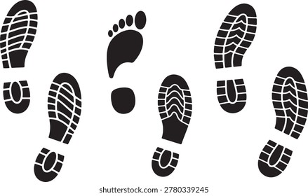 Diverse collection of black human footprints, including bare feet and detailed shoe soles, on white background.
