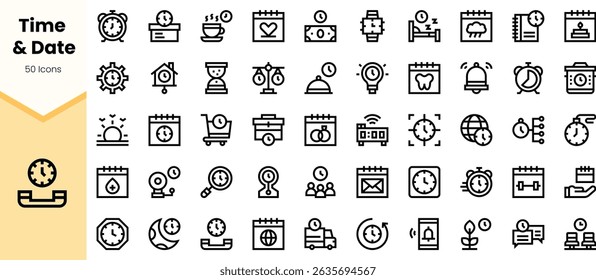 A diverse collection of black icons representing time and date concepts, featuring clocks, calendars, alarms, and more, perfect for digital design projects.