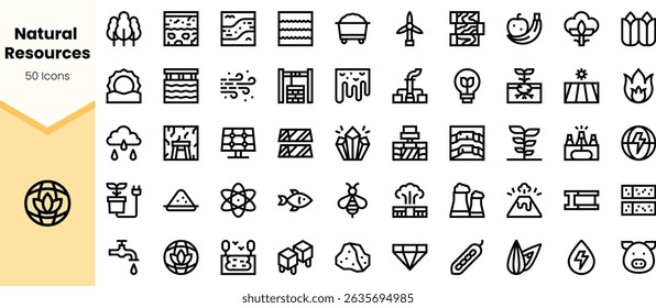 A diverse collection of black icons representing natural resources, showcasing various symbols from nature, renewable energy, and ecological elements.