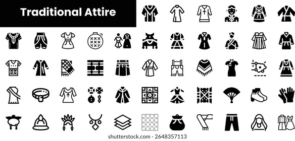 A diverse collection of black icons representing traditional attire from various cultures, showcasing garments, accessories, and symbols of heritage.