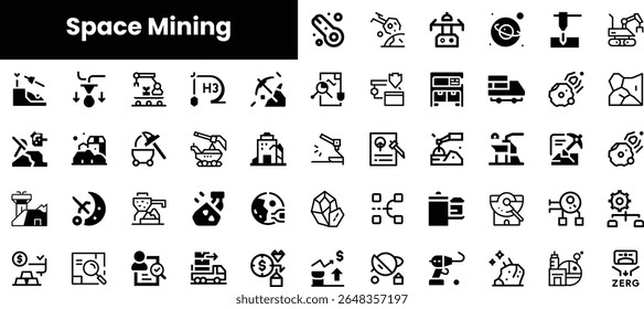 A diverse collection of black icons representing various aspects of space mining, showcasing futuristic tools, machinery, and resources in a streamlined design.