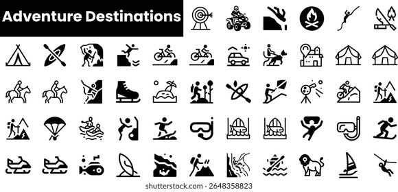 Uma coleção diversificada de ícones pretos representando várias atividades de aventura, incluindo camping, ciclismo, esqui e esportes aquáticos. Perfeito para temas de viagem ou aventura.