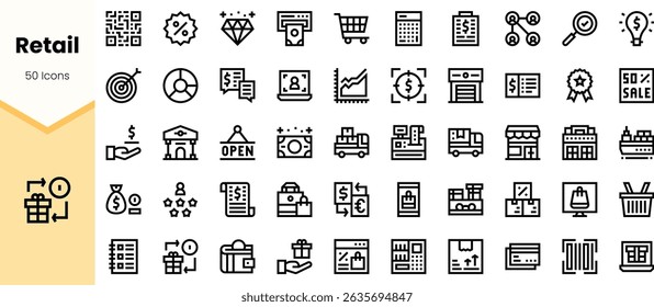 A diverse collection of black line icons depicting retail concepts, including shopping, sales, finance, and customer service in a minimalist style.