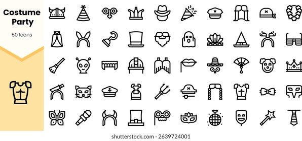 A diverse collection of black line icons representing costume party elements like hats, masks, and festive decorations.