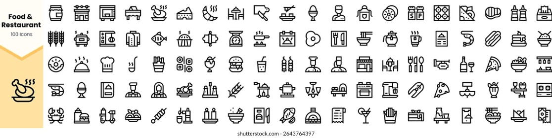 A diverse collection of black line icons representing food and restaurant elements, showcasing various culinary tools, dishes, and dining experiences in a minimalistic style.
