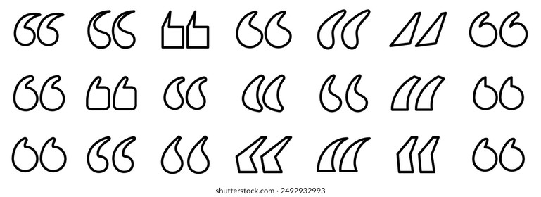 A diverse collection of black outline quotation marks in different styles, showcasing modern and creative typographic designs.