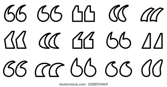 A diverse collection of black outline quotation marks in different styles, showcasing modern and creative typographic designs.