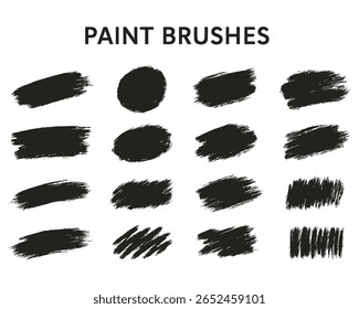 Uma coleção diversificada de pinceladas de tinta preta traçados e manchas é apresentada contra um fundo branco nítido, oferecendo uma matriz versátil de elementos de design ideais para projetos criativos e visuais